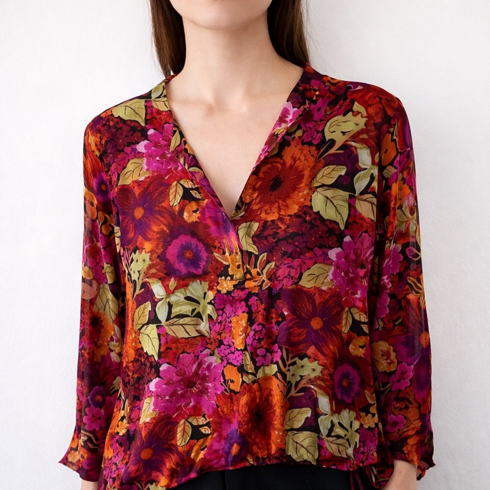 Floral Silk V-Neck Women's Top Medium